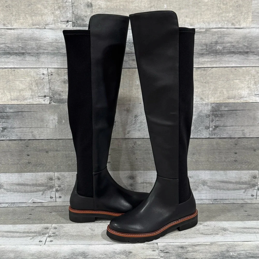 Stuart Weitzman Adrina City OTK Boots In Black Leather/Stretch - Sz - 5B